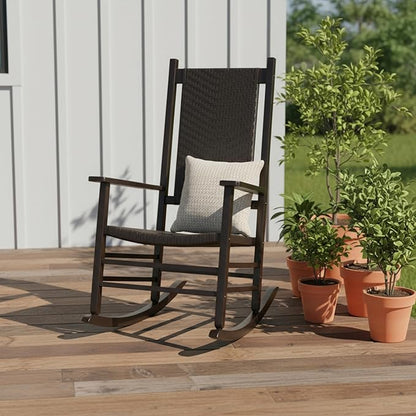 Shine Company Hampton Porch Rocker, High Back Wood Rocking Chair, Rattan Backrest & Seat, Black