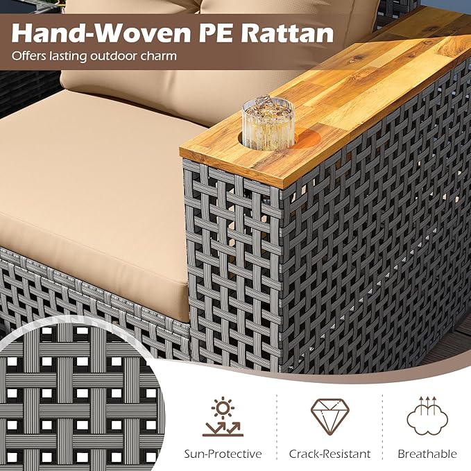 Tangkula 62.5" Large Patio Wicker Loveseat with Acacia Wood Armrests & Cup Holders, Outdoor 2-Piece Rattan Corner Sofa with Cushions, Sectional Conversation Set for Garden Backyard Porch Balcony