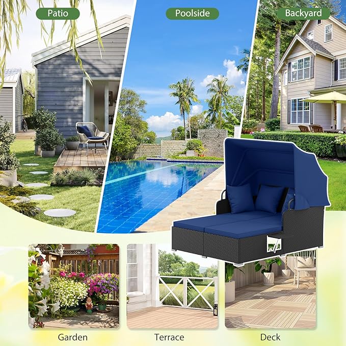 ORALNER Outdoor Daybed, 2-Person Wicker Patio Sofa with Retractable Canopy, Cushions & Pillows, 2 Side Trays - Photo 7