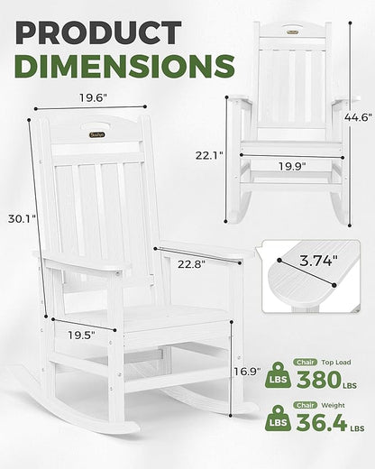Oversized Outdoor Rocking Chair, High Back Patio Rocking Chair, HDPE All Weather Resistant Rocking Chairs for Patio,380lbs Weight Capacity, White