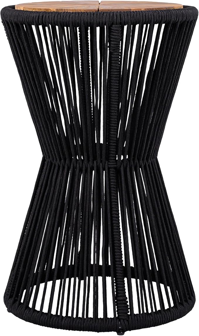 Merax Bohemian Round Outdoor Side Table with Acacia Wood Top and Black Handwoven Rope Base, Elegant Hourglass Design Patio Coffee Table for Garden, Pool, Deck, Balcony, Yard, 25.8" Height, No Assembly