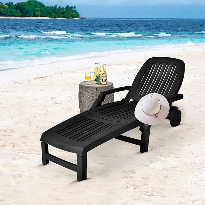 Giantex Chaise Lounge Outdoor, 6 Adjustable Backrests Lounge Chair Recliner, Outdoor Furniture for Patio Poolside Garden, Foldable Sun Lounger with Wheels (1, Black)