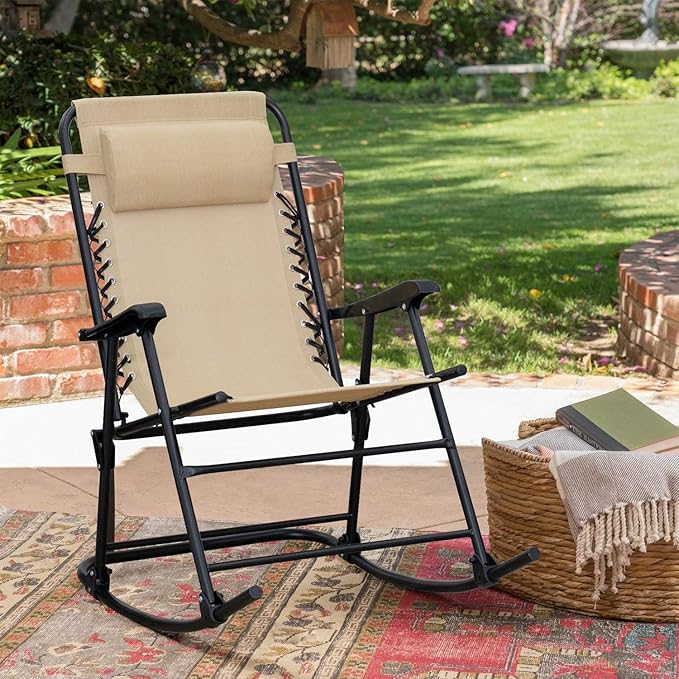 Flamaker Patio Rocking Chair Zero Gravity Chair Outdoor Folding Recliner Foldable Lounge Chair Outdoor Pool Chair for Patio, Poolside and Camping (Beige)
