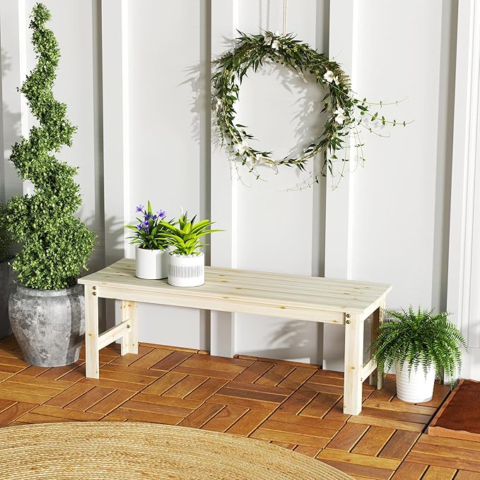 Outsunny 2-Seat Wood Garden Bench, Patio Bench Outdoor Bench with Slatted Seat, Backless Front Porch Bench for Park, Garden, Poolside, Deck, Nature Wood