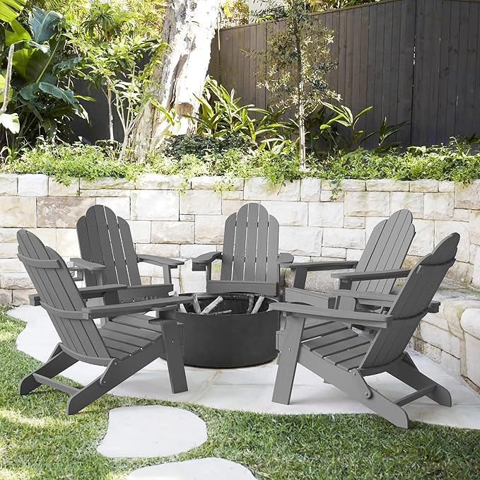 LUE BONA Folding Adirondack Chair Set of 5, Dark Gray HDPS Fire Pit Patio Chairs Weather Resistant, Modern Plastic Outdoor Chairs with Cup Holder