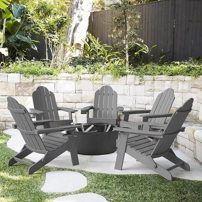 LUE BONA Folding Adirondack Chair Set of 5, Dark Gray HDPS Fire Pit Patio Chairs Weather Resistant, Modern Plastic Outdoor Chairs with Cup Holder