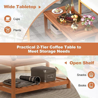 Giantex Hardwood Patio Coffee Table - 2-Tier Wooden Coffee Table with Slatted Tabletop & Storage Shelf, Outdoor Rectangular Center Table for Backyard, Garden, Poolside, Balcony & Indoor, Walnut