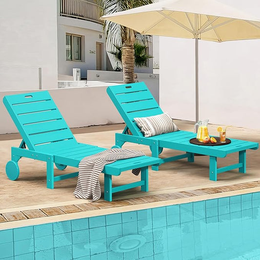 Outdoor Chaise Lounge Chairs Set of 2, 2-Piece, 26.8” Super Wide Lounge Chair Outdoor, HDPS Pool Chairs with 5 Positions, Patio Lounge Chair with Wheels for Pool,Lawn,Backyard, Aruba Blue