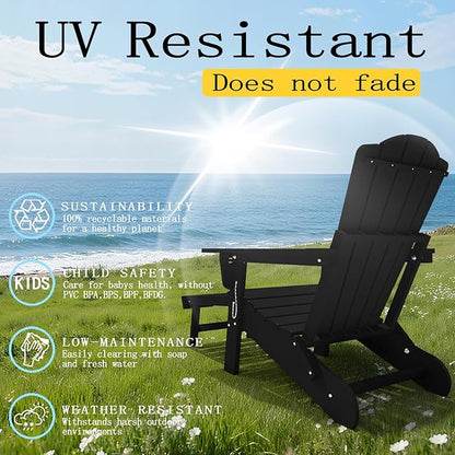 Adjustable Adirondack Chairs with Retractable Ottoman Set of 2, HDEP Folding Adirondack Chair with Footrest & Cup Holder, All Weather Fire Pit Chair for Outdoor,Black
