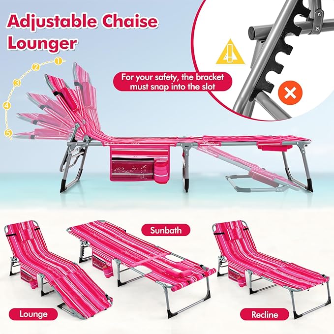 Tangkula Tanning Chair, Outdoor Folding Beach Lounge Chair with Face Hole, Adjustable Footrest, Removable Pillow - Photo 5