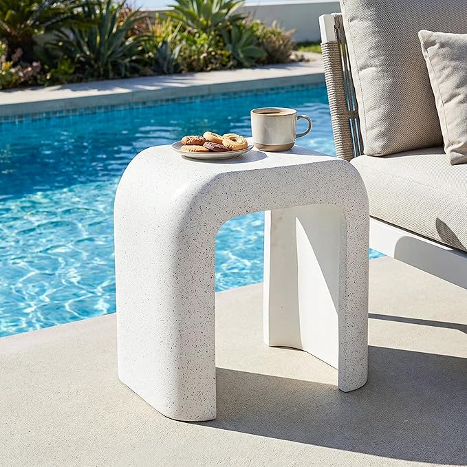 HOMPUS Outdoor Side Table w U-Shaped, Concrete Side Table Lightweight, Round Patio MgO Coffee End Table, Modern Accent Vintage Garden Stand for Indoor Outdoor Use, Spotted White