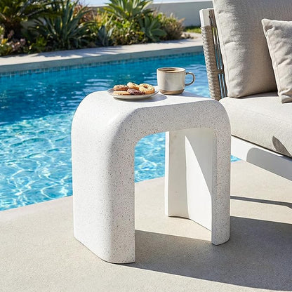 HOMPUS Outdoor Side Table w U-Shaped, Concrete Side Table Lightweight, Round Patio MgO Coffee End Table, Modern Accent Vintage Garden Stand for Indoor Outdoor Use, Spotted White