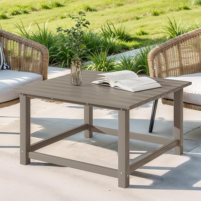Costaelm Patio Conversation Table, Tatio Accent HDPE Outdoor Weather Resistant, Square Outdoor Porch Balcony Patio Drink Table for Outside, Pool, Backyard, Weathered Wood