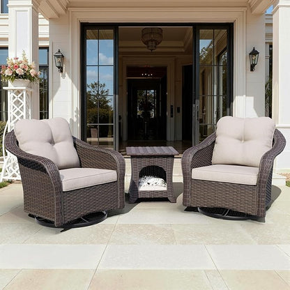 Wicker Swivel Rocking Chairs Set 2 with Storage Side Table - Outdoor Brown Wicker Swivel Glider Chair Outdoor Rocking Chair with Water-Resistant Cushions, Beige