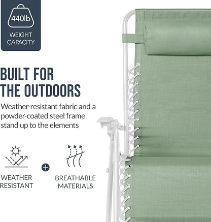 Best Choice Products Set of 2 Extra Wide Adjustable Steel Mesh Zero Gravity Lounge Chair Recliners w/Pillows and Cup Holder Trays - Sage Green/White