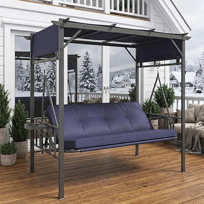 AECOJOY 2-in-1 Convertible Porch Swing Bed 3 Seat, Outdoor Patio Metal Pergola Swing Bench with Hanging Cloud Hammock Chair, Garden Swinging Glider Arbour with Cup Holders (Dark Blue)