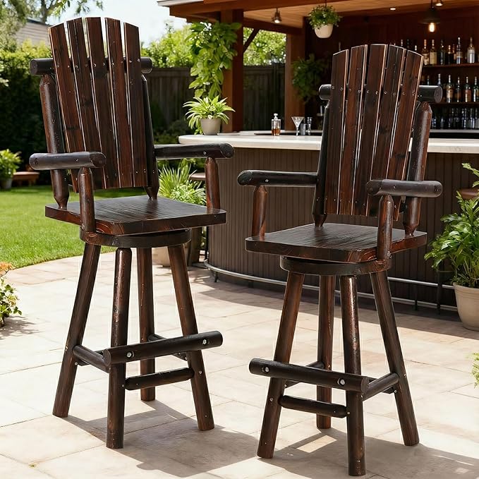 HOMEDIARY Solid Wood Swivel Adirondack Bar Chairs Set of 2, Outdoor Bar Height Barstools Chairs Set with High Back and Footrest, 29.9" High Top Chair for Deck Pub, 500 LBS Capacity, Carbonized