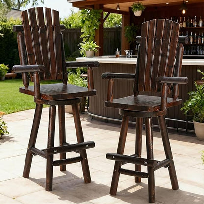 HOMEDIARY Solid Wood Swivel Adirondack Bar Chairs Set of 2, Outdoor Bar Height Barstools Chairs Set with High Back and Footrest, 29.9" High Top Chair for Deck Pub, 500 LBS Capacity, Carbonized