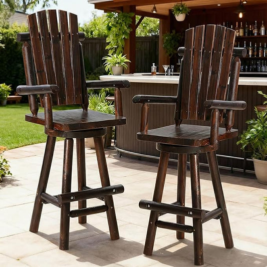 HOMEDIARY Solid Wood Swivel Adirondack Bar Chairs Set of 2, Outdoor Bar Height Barstools Chairs Set with High Back and Footrest, 29.9" High Top Chair for Deck Pub, 500 LBS Capacity, Carbonized