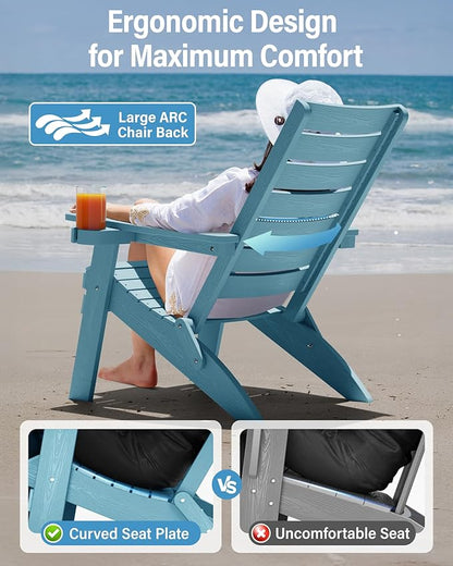 YEFU Adirondack Chair, Folding Adirondack Chairs Set of 4 with Arc Back & Cup Holder, Weather Resistant Plastic Oversized Chair for Outdoor Patio Lawn Garden Backyard Deck Fire Pit, Blue
