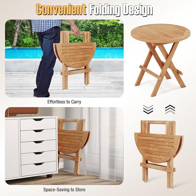 Tangkula Patio Folding Side Table, Teak Wood Round Coffee Table w/X-Shaped Legs & Slatted Tabletop, Portable & Compact Outdoor End Table for Backyard, Deck, Lawn