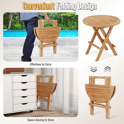 Tangkula Patio Folding Side Table, Teak Wood Round Coffee Table w/X-Shaped Legs & Slatted Tabletop, Portable & Compact Outdoor End Table for Backyard, Deck, Lawn