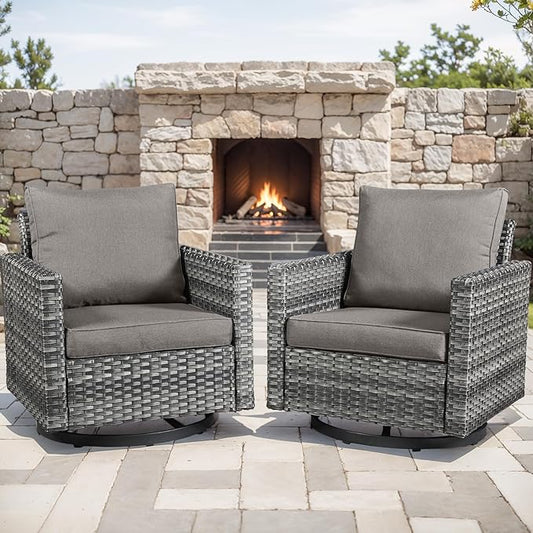 Outdoor Patio Swivel Rocker Chairs - Wicker Patio Swivel Rocking Chairs Set of 2 with Waterproof Wicker,Comfortable Cushions and Sturdy Metal Frame for Outside Porch Deck Backyard(Mixed Grey/Grey)