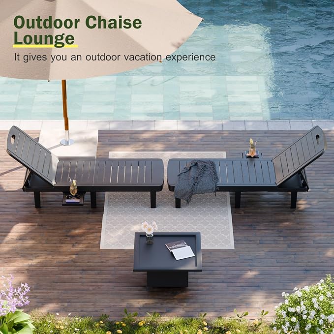 CDCASA Outdoor Chaise Lounge Set of 4, Pool Lounge Chairs w/5 Adjustable Positions & Side Tray, Waterproof Resin Lounges for Poolside,Yard,Garden,Sunbathing, for All Weather, Black