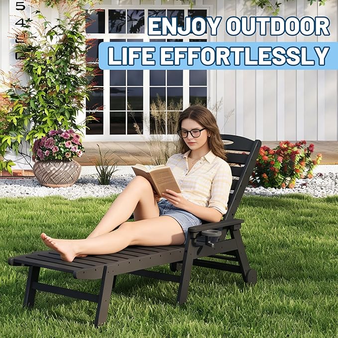 Outdoor Lounge Chairs, 78'' Long Patio Lounge Chair HDPE 5-Position Adjustable with Cup Holder & Rolling Wheels, Pool Lounge Chair for Sunbathing Tanning, Deck, Poolside -Black