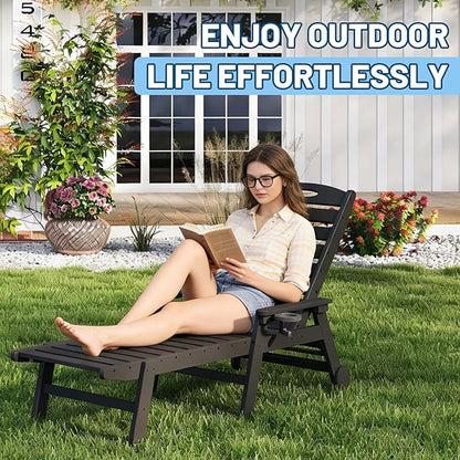 Outdoor Lounge Chairs, 78'' Long Patio Lounge Chair HDPE 5-Position Adjustable with Cup Holder & Rolling Wheels, Pool Lounge Chair for Sunbathing Tanning, Deck, Poolside -Black