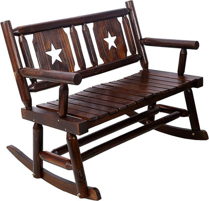 Outdoor Wood Rocking Bench, Carbonized Double Rocking Chair for 2 Persons with Wide Curved Seat, Porch Rocker for Porch, Garden, Backyard, Rustic Brown (Brown-Rocking)