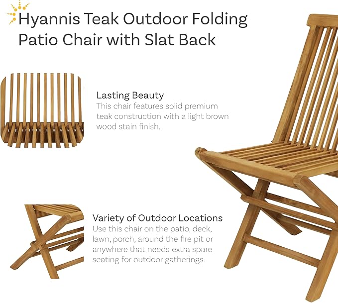 Sunnydaze Hyannis Solid Teak Wood Folding Chairs - Outdoor Wooden Patio Chairs - Foldable - Light Wood Stain Finished - Set of 2