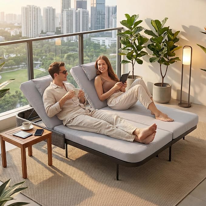 RADIATA 51.2" Outdoor Loveseat Sofa Bed, PE Wicker Patio Daybed with 2-Person Double Chaise Lounge - Photo 4