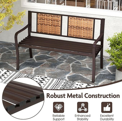 Giantex Outdoor Bench with PE Rattan Backrest, Curved Armrests, Slatted Seat for 2-3 Persons, Heavy-Duty Outdoor Seating Furniture, Garden Bench for Patio, Backyard, Poolside, Porch, Park, Brown
