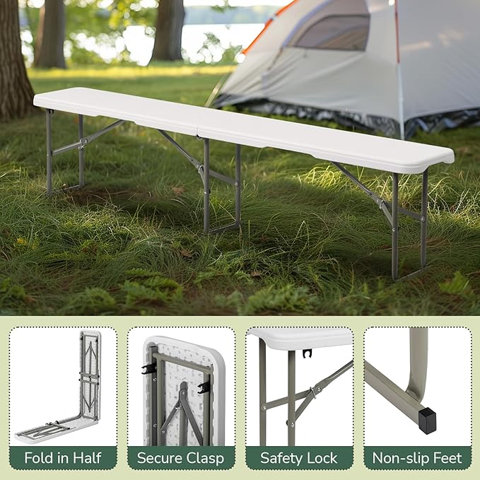 Outvita 6ft Folding Portable Bench, Waterproof Foldable Plastic Bench Seat, Light-Weight Seat for Indoor, Outdoor, Picnic, Party, Camping, White