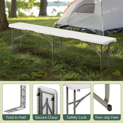 Outvita 6ft Folding Portable Bench, Waterproof Foldable Plastic Bench Seat, Light-Weight Seat for Indoor, Outdoor, Picnic, Party, Camping, White