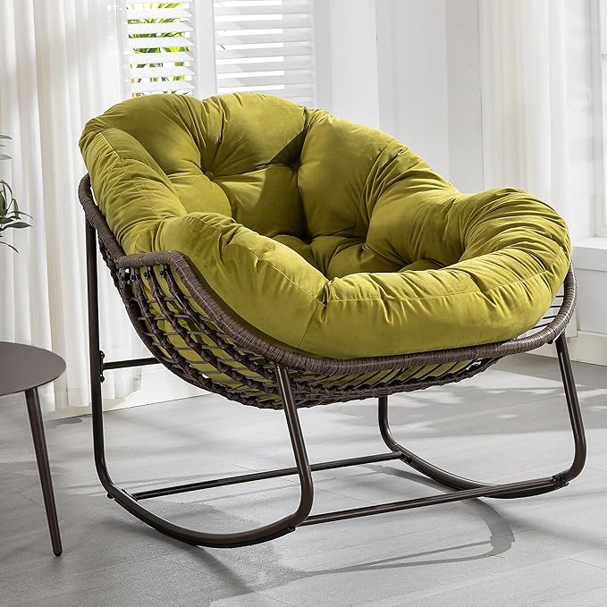 HOMEFUN Outdoor Patio Rocking Chairs, Oversized Papasan Rock Chair Indoor with Velvet Padded Cushion - Rocker Egg for Front Porch, Garden, Backyard Olive