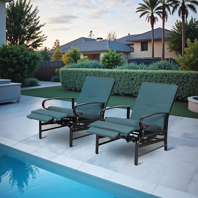 Incbruce Outdoor Lounge Chair Set of 2 Patio Furniture Adjustable Recliner with Retractable Steel Frame and Removable Thick Cushions - Peacock Blue
