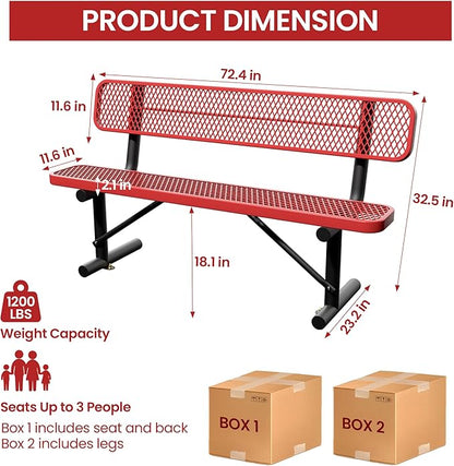 6 Feet Steel Park Bench for Outside, Outdoor Bench with Backrest & Portable Frame, Commercial Benches for Shopping Malls, Stores, Parks, Patios, Decks, Red
