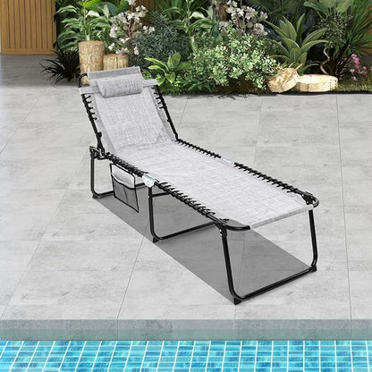 GYMAX Lounge Chairs for Outside, Extra High Folding Beach Tanning Lounger with Adjustable Backrest, Footrest & Removable Pillow, Sunbathing Lounge for Patio, Poolside (2, Grey with Pocket)