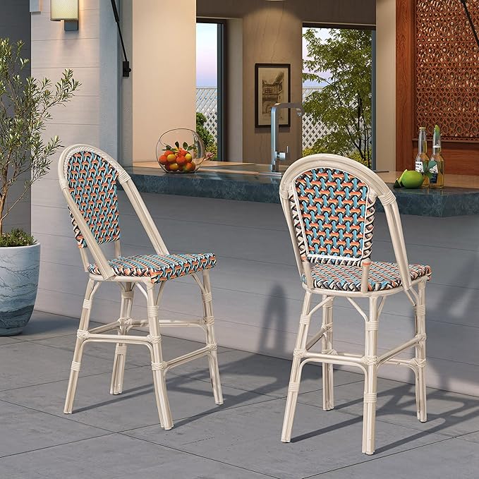 PURPLE LEAF French Bar Stool Set of 2 White Print Finish Patio Bar Stools with Back Rattan Chairs Wicker Bar Height - Photo 3