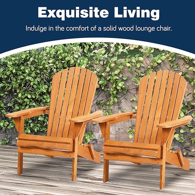 Folding Adirondack Chair Outdoor Patio Chairs Weather Resistant Lounger Chair Lawn Chair with Arms Wooden Accent Furniture for Patio Deck Garden Backyard Deck 1 Pieces Natural