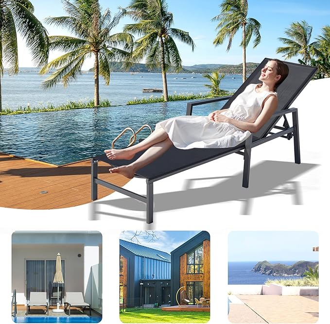 Aluminum Chaise Lounge Chairs Set of 2,5 Adjustable Outdoor Lounge Chaise Chairs,Patio Chaise Lounge with Armrests,for Beach Poolside,Balcony,Yard(Black)