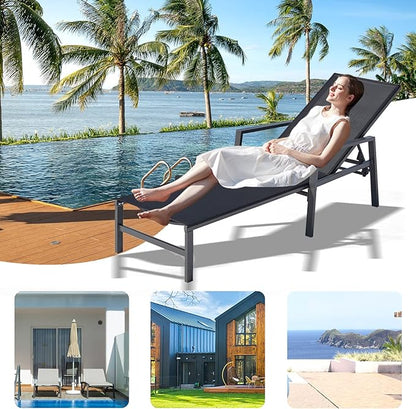 Aluminum Chaise Lounge Chairs Set of 2,5 Adjustable Outdoor Lounge Chaise Chairs,Patio Chaise Lounge with Armrests,for Beach Poolside,Balcony,Yard(Black)