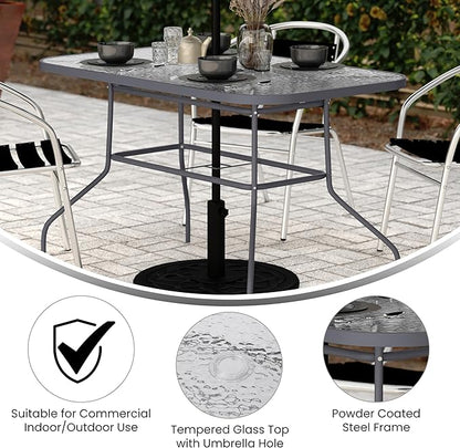 Flash Furniture Tory Rectangle Patio Table with Umbrella Hole, Commercial All-Weather Table with Heat Resistant Tempered Glass, Steel Tube Frame, 27.5x47.25, Silver