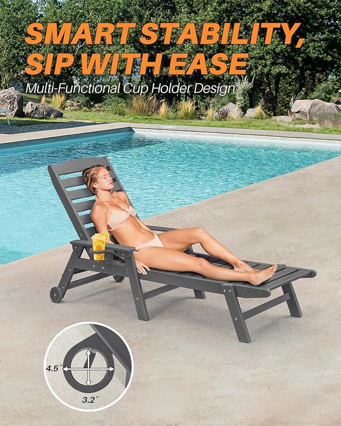 HDPE Patio Lounge Chair Set of 2, 78.4'' Outdoor Poly Lounge Chairs, 5-Position Adjustable Outdoor Lounger with Wheels & Cup Holder, HDPE Patio Chaise Lounges for Backyard, Deck, Smoke Gray