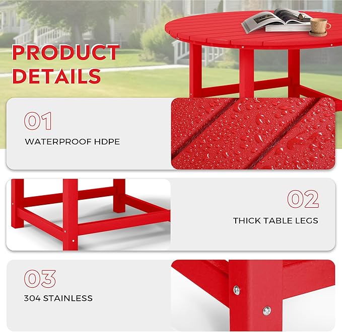 Costaelm Patio Conversation Table, Tatio Accent HDPE Outdoor Weather Resistant, Round Outdoor Porch Balcony Patio Drink Table for Outside, Pool, Backyard, Red