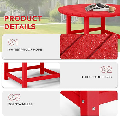 Costaelm Patio Conversation Table, Tatio Accent HDPE Outdoor Weather Resistant, Round Outdoor Porch Balcony Patio Drink Table for Outside, Pool, Backyard, Red