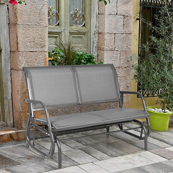 Giantex Swing Glider Chair 48 Inch with Spacious Space, 2 People Swing Lounge Glider Chair Cozy Patio Bench Outdoor & Indoor for Patio, Backyard, Poolside, Lawn Steel Rocking Garden Loveseat (Gray)