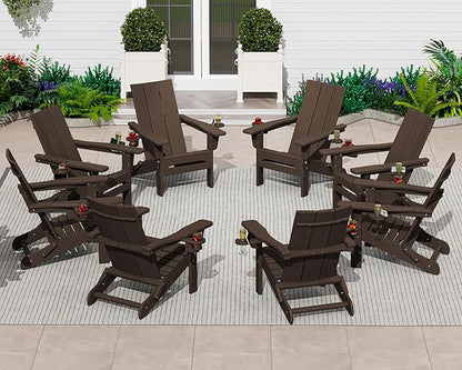 SERWALL Modern Adirondack Chairs Set of 2, Folding Adirondack Chair with Cup Holders, Outdoor HDPE Adirondack Chair for Patio Lawn Garden, Coffee
